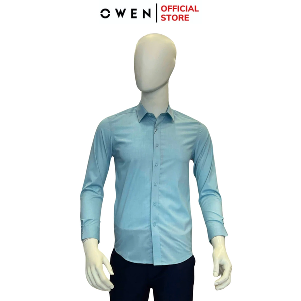 Áo Sơ Mi Nam Tay Dài Owen AS240604D màu xanh nhạt dáng slimfit chất liệu Spandex
