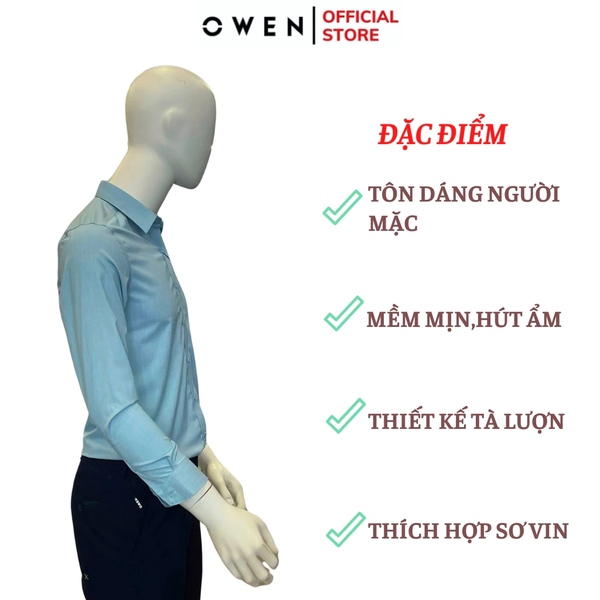 Áo Sơ Mi Nam Tay Dài Owen AS240604D màu xanh nhạt dáng slimfit chất liệu Spandex