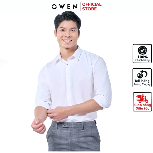Áo Sơ Mi Trắng Nam Tay Dài Owen AR240309D màu trắng trơn Dáng suông regular fit tà lượn không túi Chất liệu café
