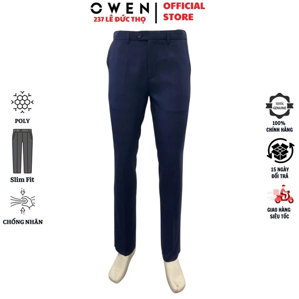 Quần tây Nam Owen QST252451 màu xanh kẻ caro chìm dáng ôm slim fit cạp tăng đơ chất liệu nano