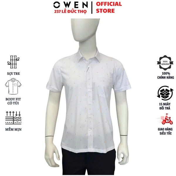 Áo sơ mi nam tay ngắn Owen AB250370NT màu trắng in họa tiết chấm bi dáng suông body fit tà bằng có túi chất liệu bamboo spandex