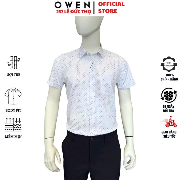 Áo sơ mi nam tay ngắn Owen AB250454NT màu trắng in họa tiết chấm bi dáng suông body fit tà bằng có túi chất liệu bamboo spandex