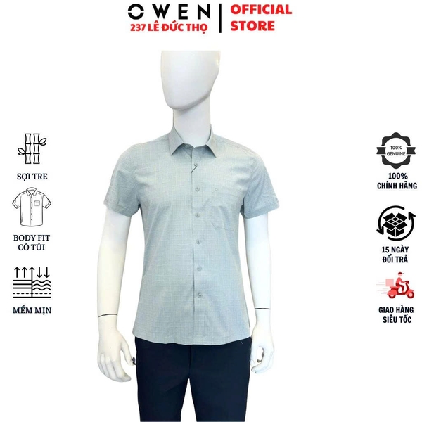 Áo sơ mi nam tay ngắn Owen AB250455NT màu xanh lá nhạt kẻ caro dáng suông body fit tà bằng có túi chất liệu modal spandex