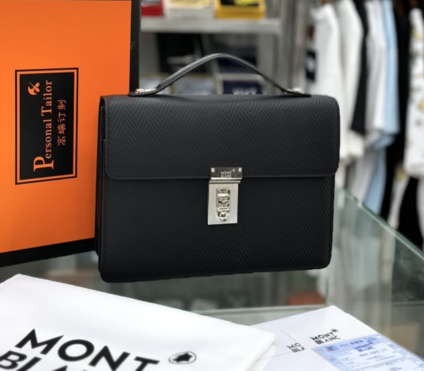 Túi cặp Clutch Mont Blanc Đen trơn lì nắp gập cài size 25x19x7cm Like Auth on web fullbox bill thẻ