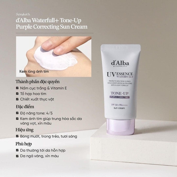 Kem Chống Nắng Nâng Tone, Hiệu Chỉnh Màu Da d'Alba UV Essence Waterfull Tone Up PURPLE Correcting Sun Cream SPF50 PA 50ml (Tím)