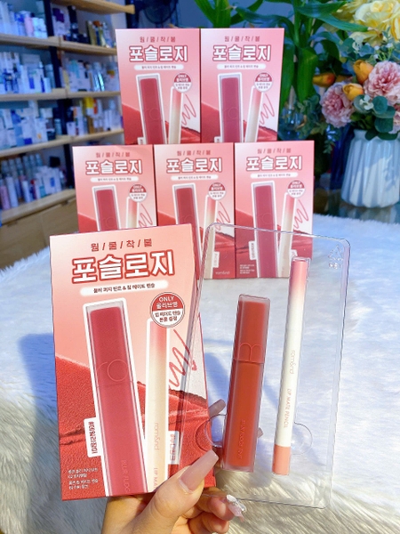 Set Son Kem Lì Romand Blur Fudge Tint 5g 02 Chì Viền Môi Romand Lip Mate Pencil 0.5g 02