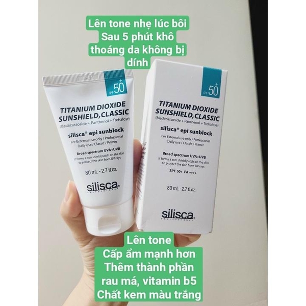 Kem chống nắng cho da treatment Silisca Tatinium Dioxide Sunshield EPI Sunblock SPF 50PA 80ml