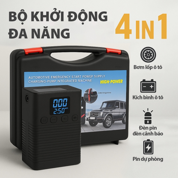 Bộ Khởi Động Khẩn Cấp Ô Tô 4in1 Đa Năng (Kích Bình, Bơm Lốp, Đèn SOS, Sạc Dự Phòng) Màn Hình Kỹ Thuật Số X001 - Nhập Khẩu Chính Hãng