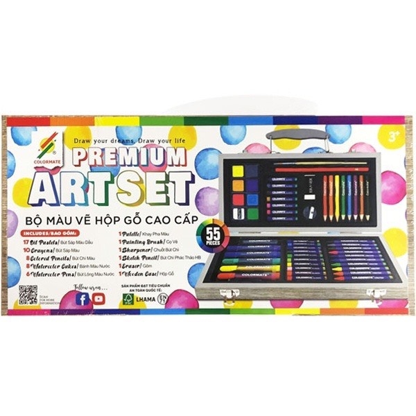 Bộ màu vẽ hộp gỗ Premium Art Set Colormate MS-55WP 55 chi tiết