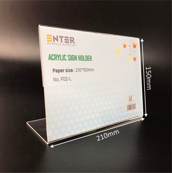 Kệ mica 1 mặt Enter F02-L 210x150mm A5 ngang, Kệ menu chữ L, Khung thông tin sản phẩm, Khung bảng giá, Kệ trưng bày để bàn