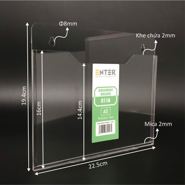 Kệ mica nhiều giấy treo tường Enter C11A 21x15cm A5 ngang, hông 3mm, có hậu mica (20)