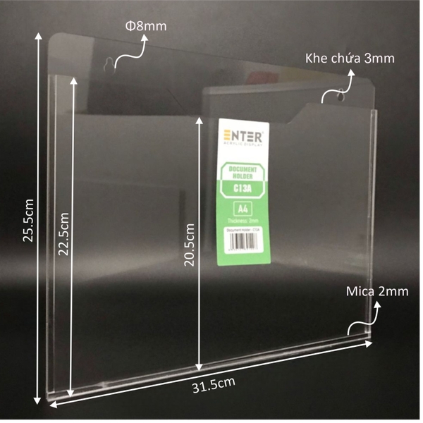 Kệ mica nhiều giấy treo tường Enter C13A 30x21cm A4 ngang, hông 3mm, có hậu mica (20)