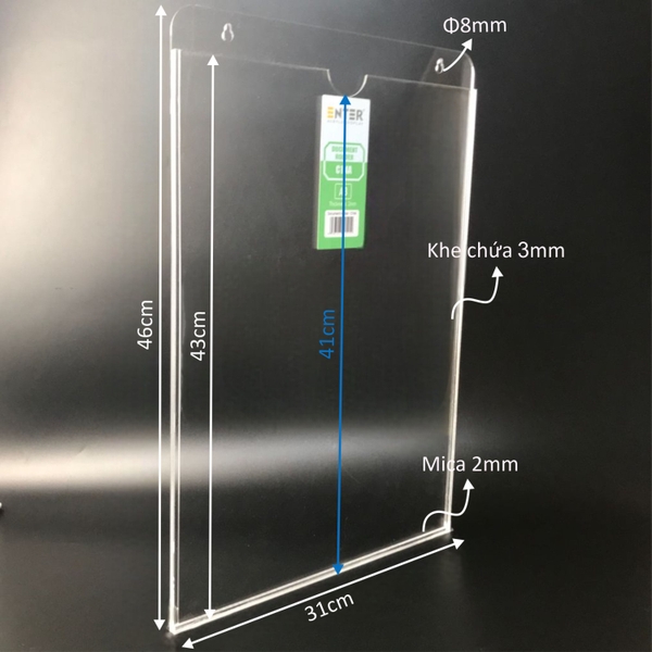 Kệ mica nhiều giấy treo tường Enter C14A 30x42cm A3 đứng, hông 3mm, có hậu mica (20)