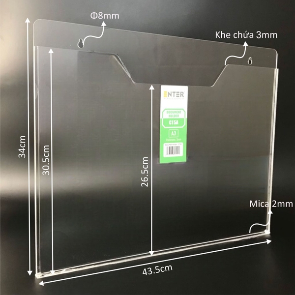 Kệ mica nhiều giấy treo tường Enter C15A 42x30cm A3 ngang, hông 3mm, có hậu mica (20)