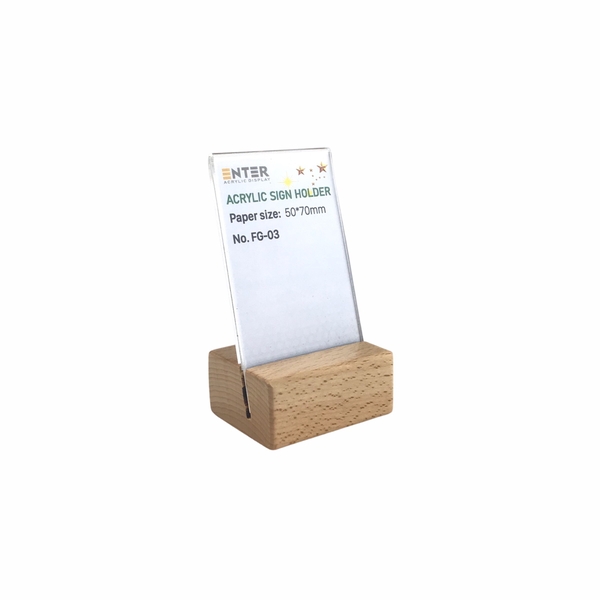 Kệ mica 1 mặt đế gỗ Enter FG-03 50x70mm, Kệ thông tin sản phẩm, Standee mica để bàn, Bảng quét mã QR Code