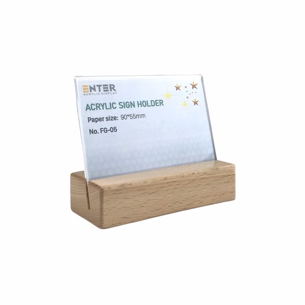 Kệ mica 1 mặt đế gỗ Enter FG-05 90x55mm, Kệ thông tin sản phẩm, Standee mica để bàn, Bảng quét mã QR Code