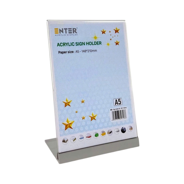 Kệ mica 1 mặt Enter E53 150x210mm đế nhôm A5 đứng