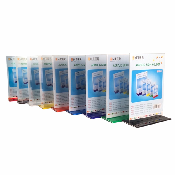 Kệ mica 2 mặt Enter E06-U 210x300mm đế lùa uốn bằng, Kệ menu nhà hàng, Standee mica để bàn, Bảng quét mã QR Code