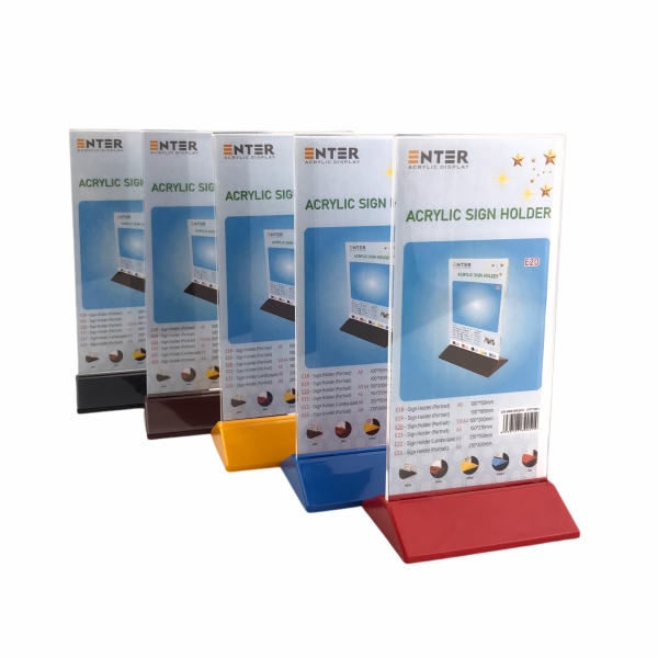 Kệ mica 2 mặt Enter E20 100x210mm đế màu, Kệ menu nhà hàng, Standee mica để bàn, Bảng quét mã QR Code