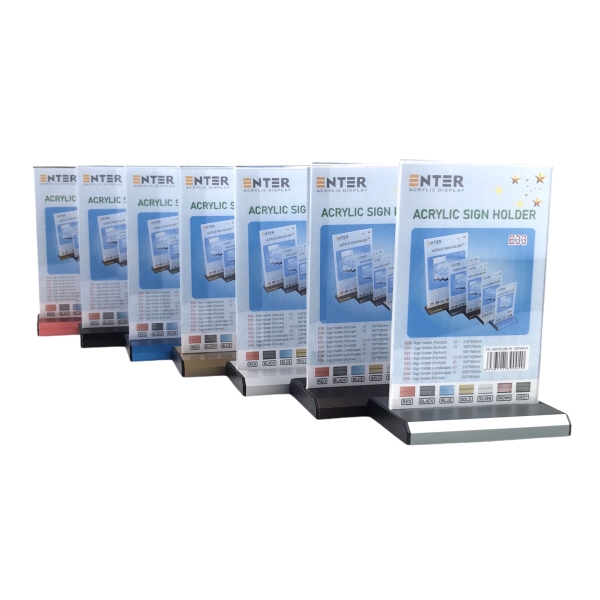 Kệ mica 2 mặt Enter E33 100x150mm đế nhôm A6, Kệ menu nhà hàng, Standee mica để bàn, Bảng quét mã QR Code
