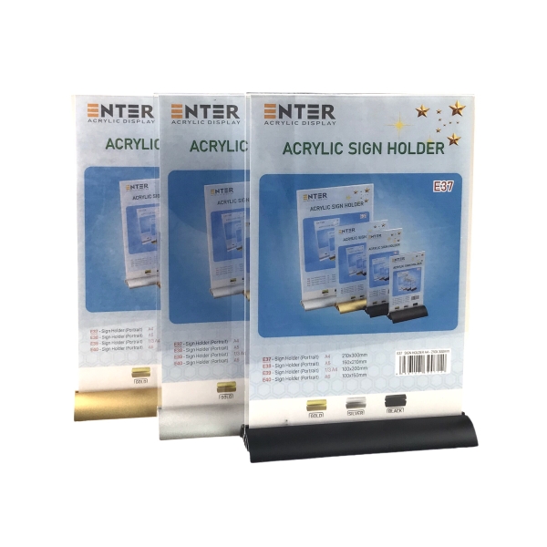 Kệ mica 2 mặt Enter E37 210x300mm đế nhôm cao cấp A4, Kệ menu nhà hàng, Standee mica để bàn, Bảng quét mã QR Code