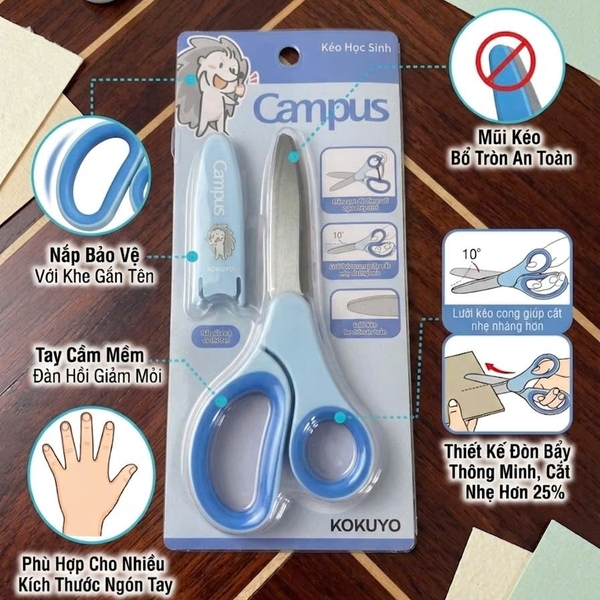 Kéo có nắp Campus SC-54AC-B xanh (12), kéo học sinh, kéo thủ công, văn phòng phẩm