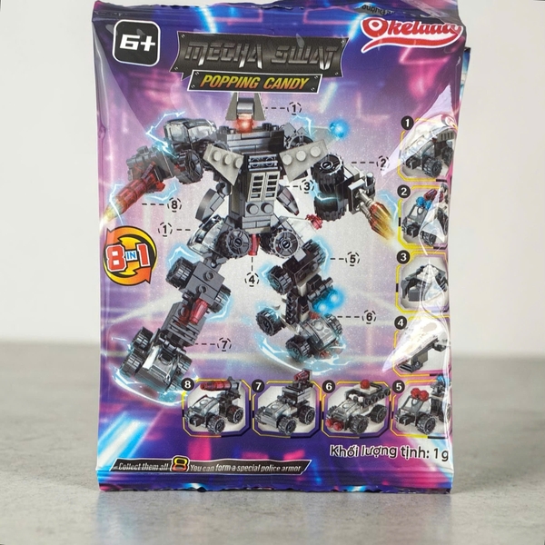 Kẹo nổ + đồ chơi xe chiến đấu lắp ráp 8in1 biến hình robot Okelaaa 1g (30)