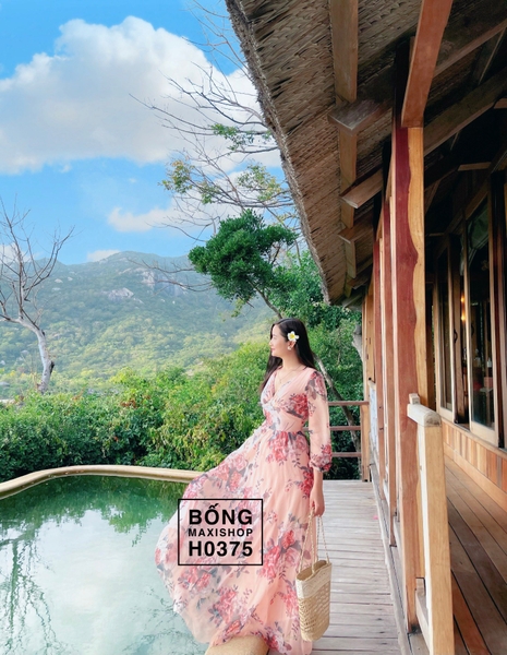 Đầm Maxi Hoa Hồng Cam Bản Eo H0375