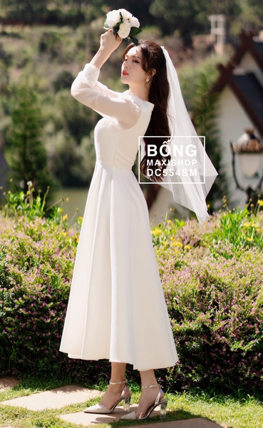 Váy Cưới Phi Nhật Trắng Tay Phối Ren Lửng DC554