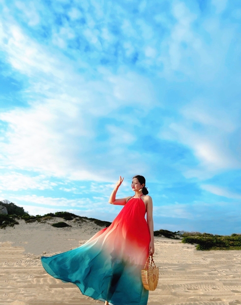 Váy Maxi Yếm Loang Cổ Cam Xanh Biển DM129