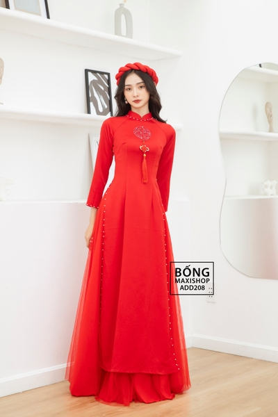 Áo dài cô dâu lụa đỏ tươi kết hỷ ADD208