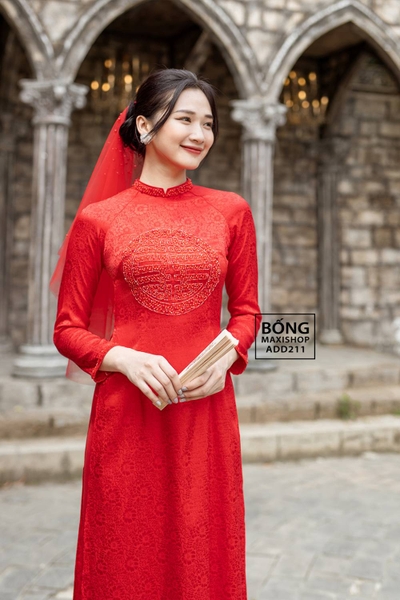Áo dài cô dâu gấm đỏ 2 tà kết hỷ ADD211