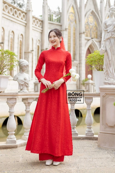 Áo dài cô dâu gấm đỏ 4 tà nền hoa hỷ ADD248