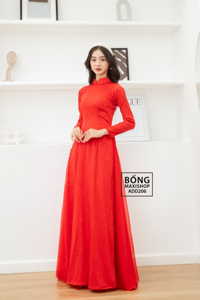 Áo dài cô dâu gấm đỏ 4 tà tủa ngọc ADD206