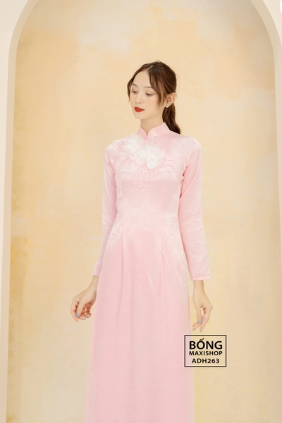 Áo dài cô dâu nữ gấm 4 tà hồng kết hoa trắng ADH263
