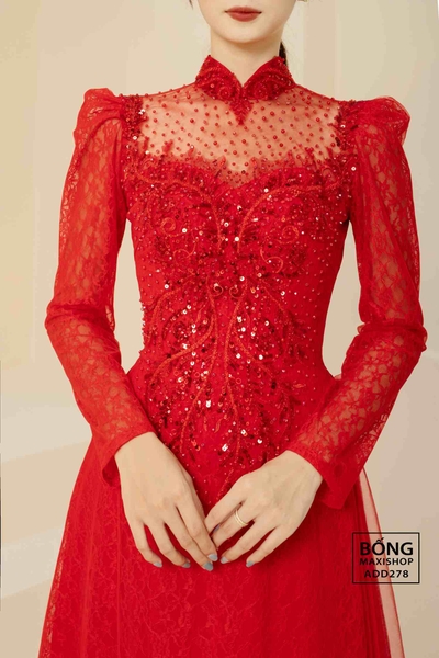 Áo dài cô dâu ren cườm đỏ lấp lánh ADD278