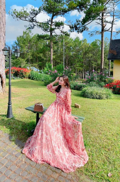 Đầm Maxi Hoa Bản Eo Kết Ngọc Nâu H0385