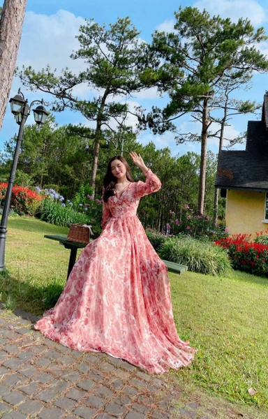 Đầm Maxi Hoa Bản Eo Kết Ngọc Nâu H0385