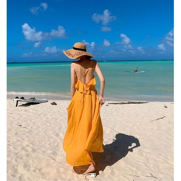 Đầm Maxi Vàng Dây Bèo Ngực DM745