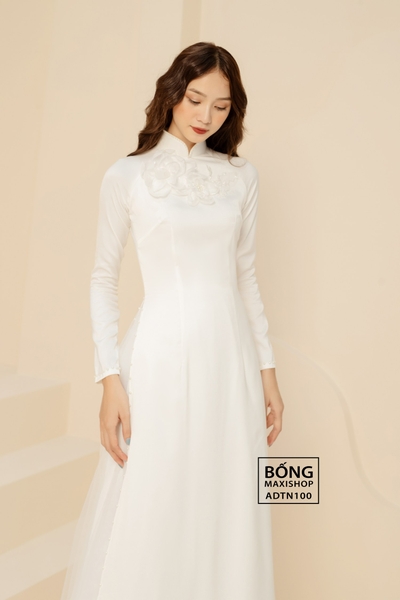 Áo dài cô dâu lụa 4 tà trắng kết hoa ADTN100