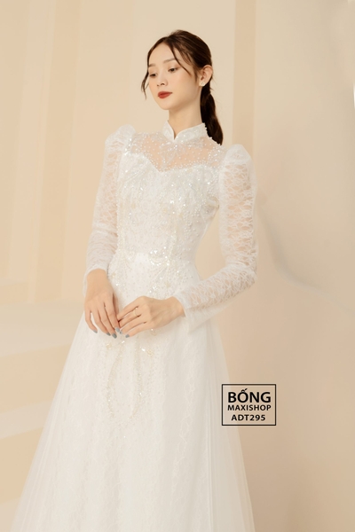 Áo dài cô dâu ren tay hoa sen trắng ADT295