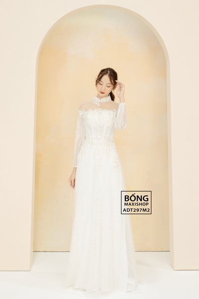 Áo dài cô dâu ren kim tuyến sọc cườm tim ADT297M2