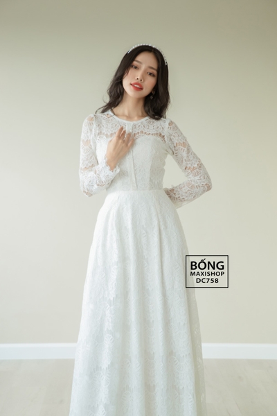 Váy cưới Full ren trắng tay dài DC758