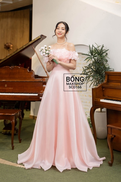 Váy cưới Organza trễ vai hồng hoa ngực xếp ly eo SCD166H