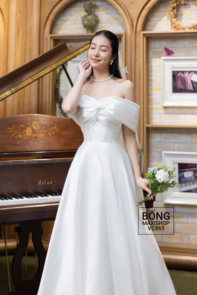 Váy cưới organza trễ vai trắng thắt nơ ngực VC865
