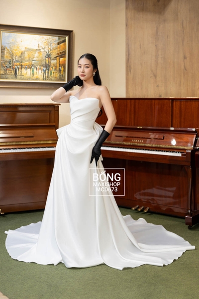 Váy cưới phi nhật cup ngực trắng tà bèo nơ lớn dáng A MCD673