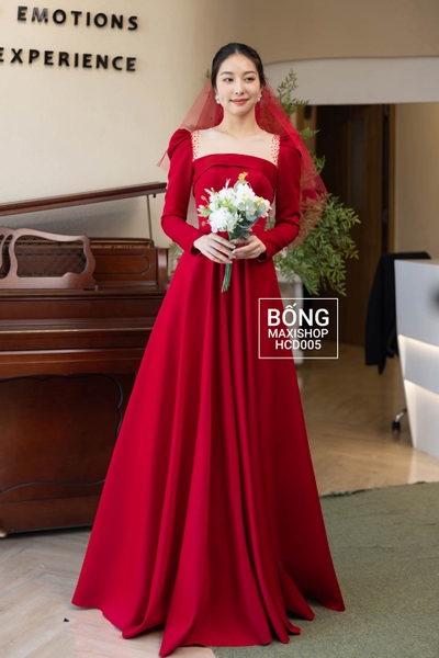 Váy cưới phi nhật đỏ điểm ngọc viền vai bèo ngực ngang HCD005D