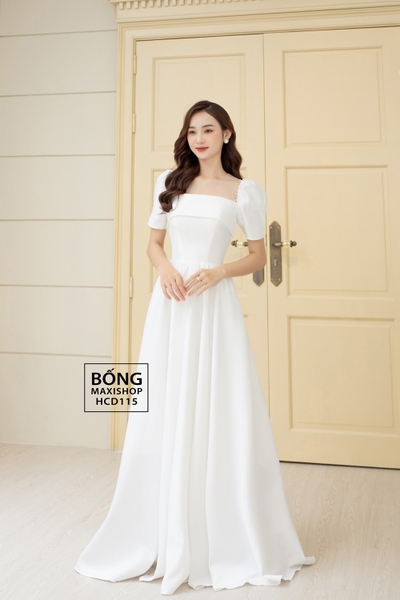 Váy cưới phi nhật tay búp bèo ngang trắng HCD115T
