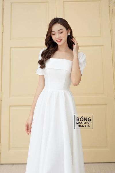 Váy cưới phi nhật tay búp bèo ngang trắng HCD115T