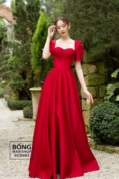 Váy cưới phi nhật tay phồng ngực xếp ly đỏ SCD083D